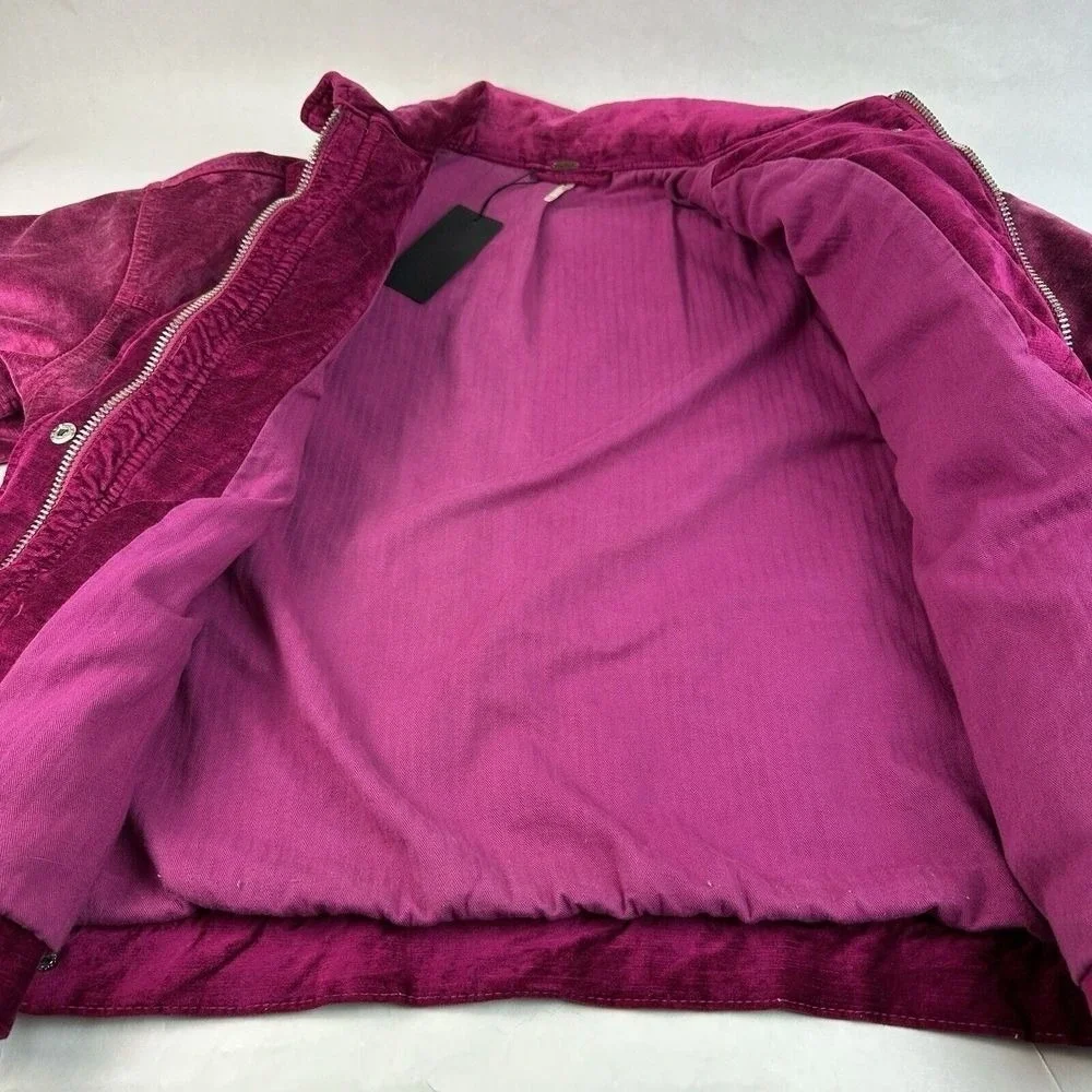 Free People Trucker Jacket Women XS/S Magenta Velvet Corduroy Snap Front Boho - Picture 12 of 15